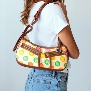 Vtg Y2k Dooney & Bourke Canvas Cream Colorful PolkaDots Hobo Shoulder Bag‎ Purse